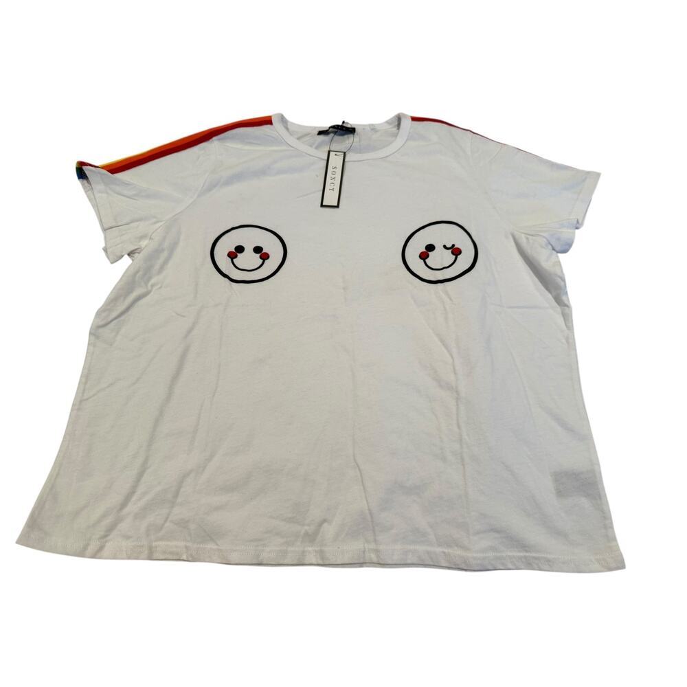 Soncy Women's Short Sleeve Smiley Face T-Shirt With Rainbow Shoulders Size 1